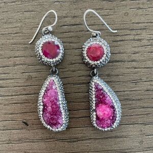 Sterling Swarovski Raw Ruby and Druzy Dangle Earrings